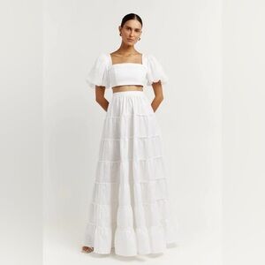 DISSH Aisle White Linen Sleeved Top and Aisle White Linen Tier Long Skirt Set
